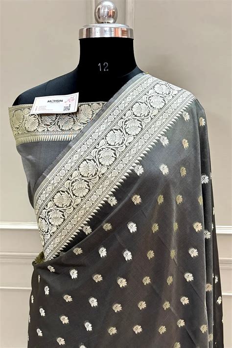 Dark Grey Ghonga Buti Katan Silk Banarasi Saree – Mohsin Textiles