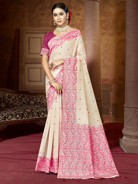 Buy Cream Cotton Blend Saree With Blouse Piece 55345 Online | Karagiri