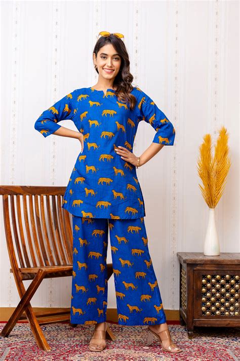 Stylish Blue Cotton Animal Print Co-ord Set – Me&My