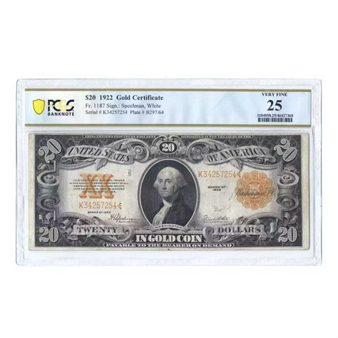 $20 1922 Gold Gold Certificates 1187 - Olevian Numismatic Rarities