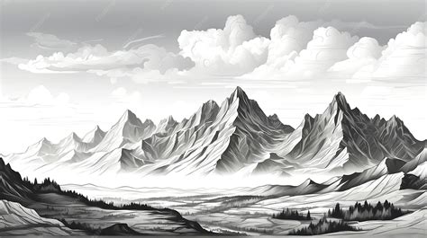 Premium Photo | Hand drawn mountain range nature landscape Greyscale ...