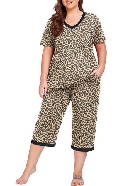 Cueply Women Plus Size Pajamas Set, V-Neck Short Sleeve, Elastic Waist ...