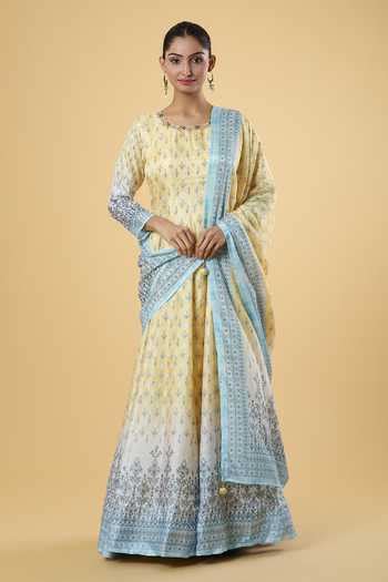 Buy Yellow Silk, Chiffon Embroidery Floral Digital Pattern Anarkali ...