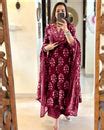 Wine Cotton Print Work Anarkali Kurti Pant Set with Malmal Dupatta ...