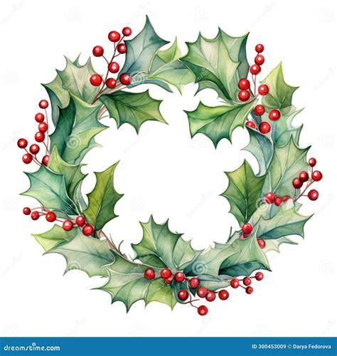 Watercolor Holly Wreath with Red Berries on White Stock Image - Image ...