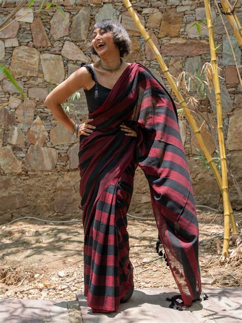 Slub Cotton Stripes Maroon Black Saree|Watermelon Wines|Suta