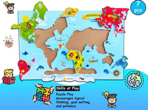 YDV CRAFT WOODEN WORLD CONTINENT MAP PUZZLE WITH ONE LARGE POSTER OF ...