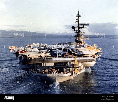 A stern view of the aircraft carrier USS Coral Sea (CV-43) underway as ...