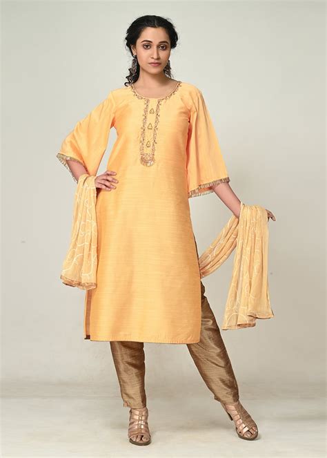 Get Raw Silk Amber Yellow Embroidered Kurta & Straight Pant Set at ...