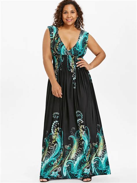 Wipalo Summer Paisley Plunge V Neck Bohemian Plus Size Women Dress ...