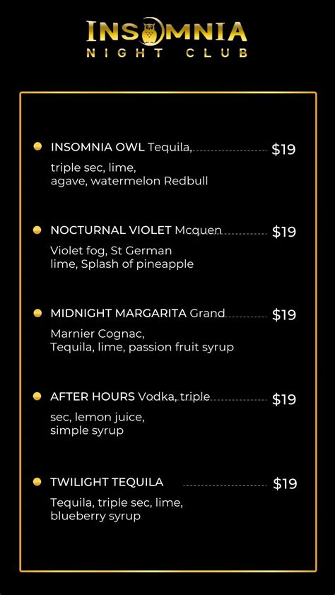 Menu | Insomnia Night Club