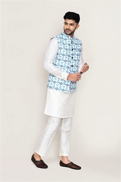 Off White Art Silk Kurta Set With Blue Jacket| Singhania's