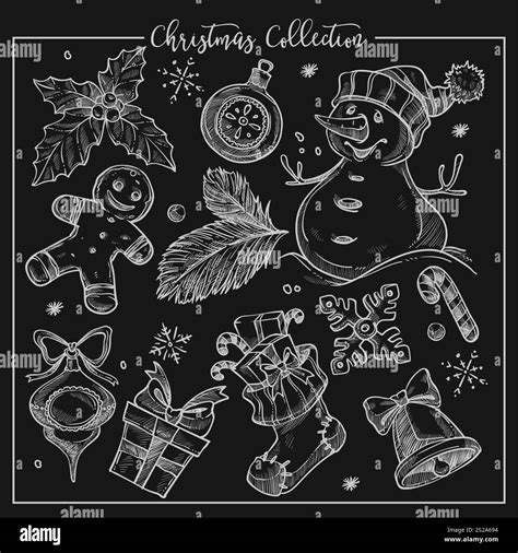 Christmas collection of symbolic traditional elements monochrome sketch outline vector. Snowman ...