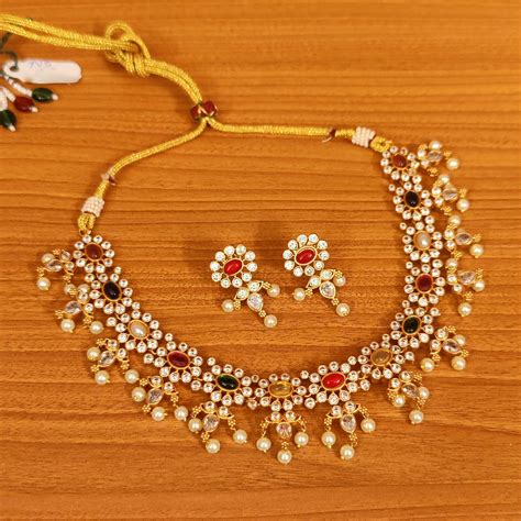 NAVRATAN LOOK MATT GOLD CZ STUDDED NECKLACE SET – Sanvi Jewels