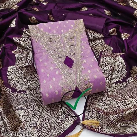 Heavy Chanderi Embroidered Dress Material With Heavy Neck And Lace ...