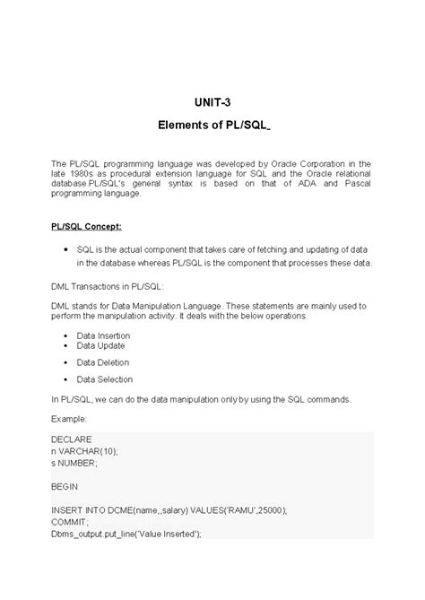 Elements of PL/SQL: A Comprehensive Overview of SQL Integration - Studocu