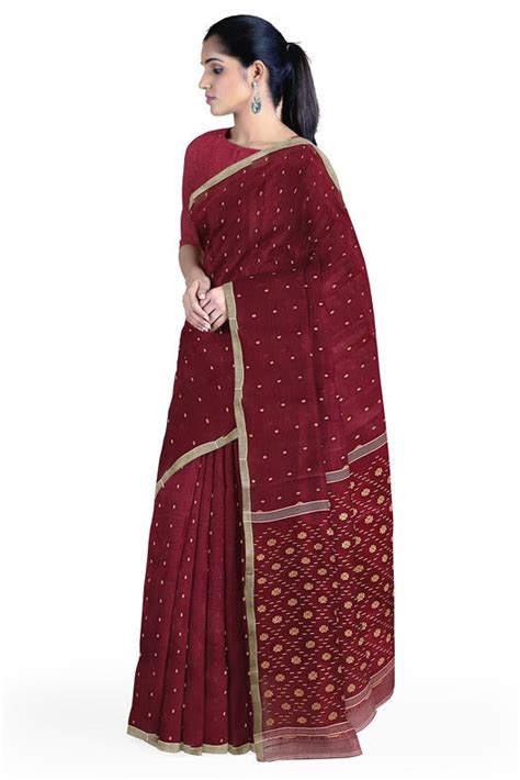 Traditional Maroon & Beige Handwoven Cotton Jamdani Saree By Balaram S ...