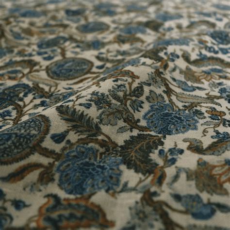 Linen Fabric Unstitched - Floral Beige & Blue Digital Printed – FAB ...