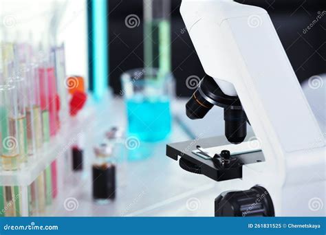 Modern Microscope with Glass Slide in Laboratory, Closeup. Space for ...