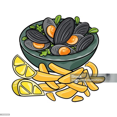 Mosselenfriet Belgian Moules Frites On White Background Stock ...