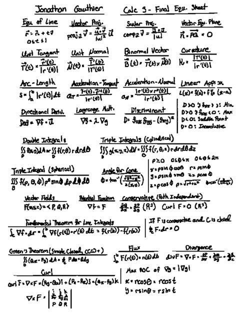 Final Exam - Equation Sheet - Jonathan Gauthier Calc Final Equ. Sheet Equ of Line Vector Proj ...