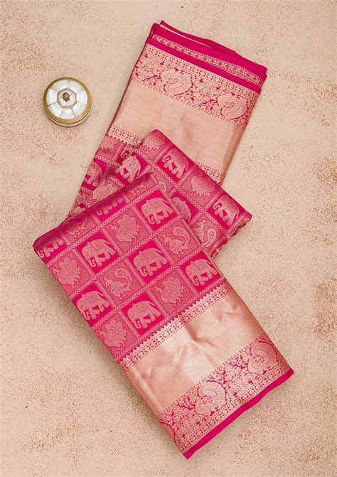 Buy Rani Pink Zariwork Pure Silk Saree - Koskii