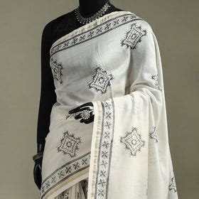 White Hand Block Print Natural Dyed Chanderi Silk Akola Saree