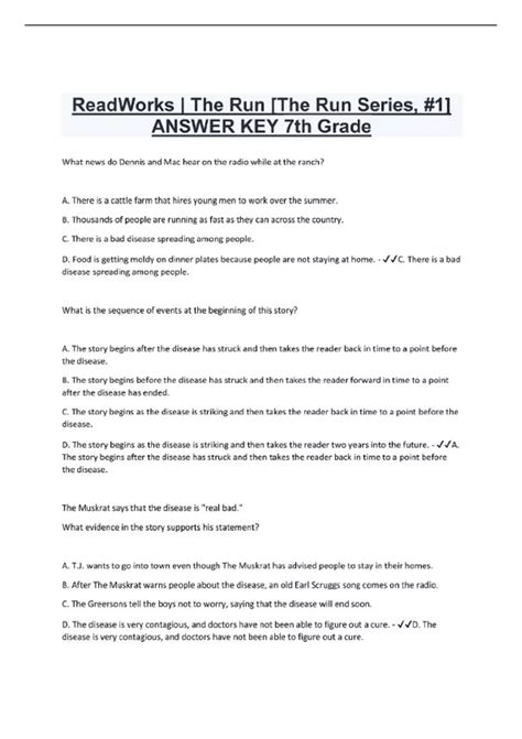 ReadWorks | The Run [The Run Series, #1] ANSWER KEY 7th Grade ...