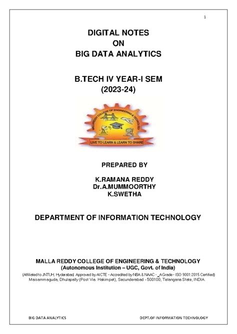 BIG DATA Analytics-Malla Reddy - DIGITAL NOTES ON BIG DATA ANALYTICS B ...
