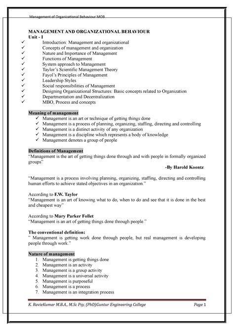 MOB Unit-1 - MANAGEMENT - MANAGEMENT AND ORGANIZATIONAL BEHAVIOUR Unit ...