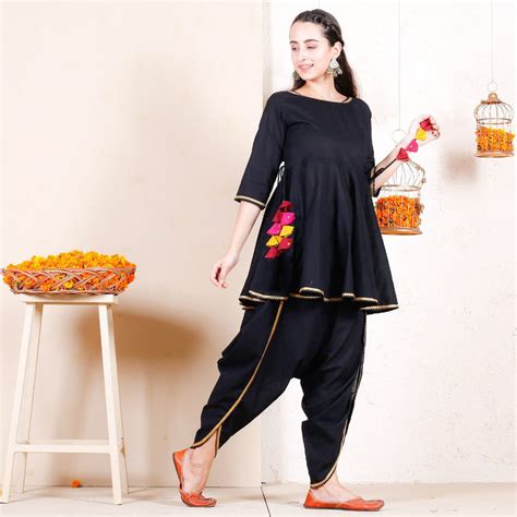 Buy Black Dhoti Peplum Top Set with Multicolour Tassels | Rustorange
