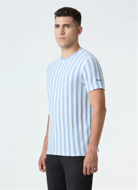 Men Sky Blue Vertical Stripe Short Sleeve T-shirt | Pepe Jeans India