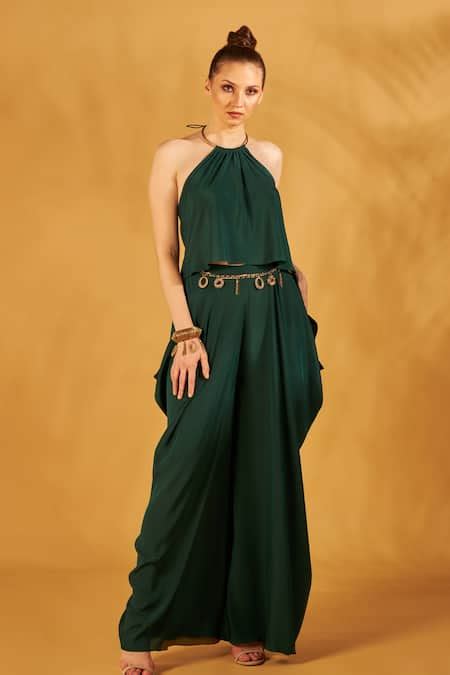 Buy Green Crepe Metal Tie Up Choker Neck Draped Co-ord Pant Set For ...