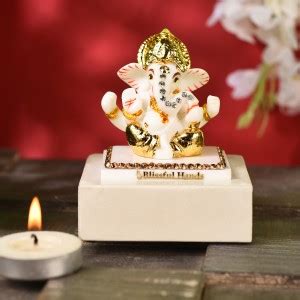 Ghar Saaz Gold Leaf Marble Dust Mukut Ganesha Idol In Matt White Finish ...