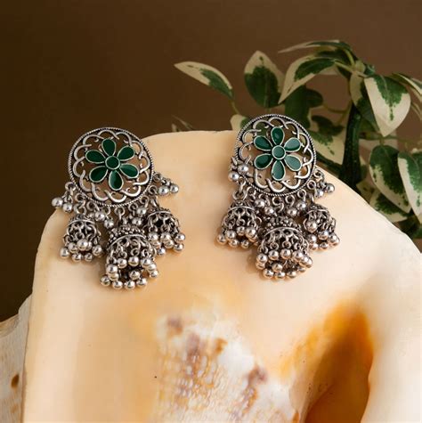 Silver Plated Circle Shaped Floral Enamel Triple Jhumki Fashion Antiqu ...