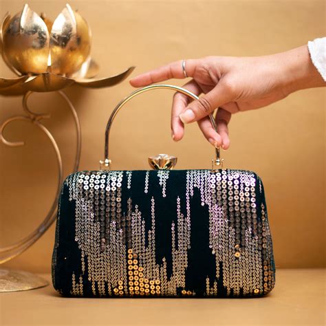 Dark Green Sequins Embroidery Party Clutch - Artklim