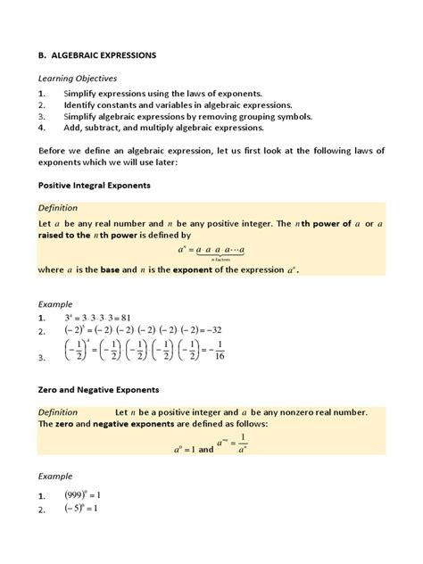 1 Laws of Exponents and Algebraic Expressions | PDF | Polynomial ...