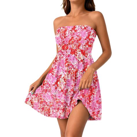 Mlqidk Sundresses for Women 2025 Plus Size Floral Print Strapless Dress ...