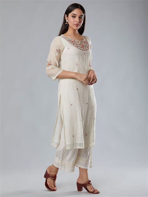 Buy Off White Embroidered Chanderi Kurta with Cotton Pants and Red ...