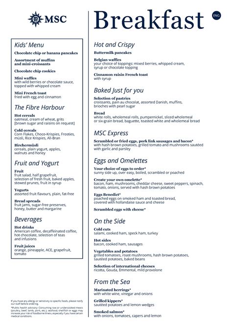 Main Dining Room Menus on MSC Grandiosa 2023 — Home