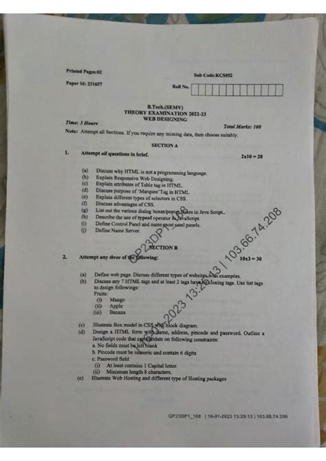 Web Designing PYQ's - Printed Page: 1 of 2 Subject Code: KCS 0 Roll No ...