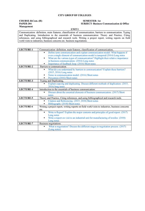 Business Communication UNIT-1 - CITY GROUP OF COLLEGES COURSE-B. (H ...