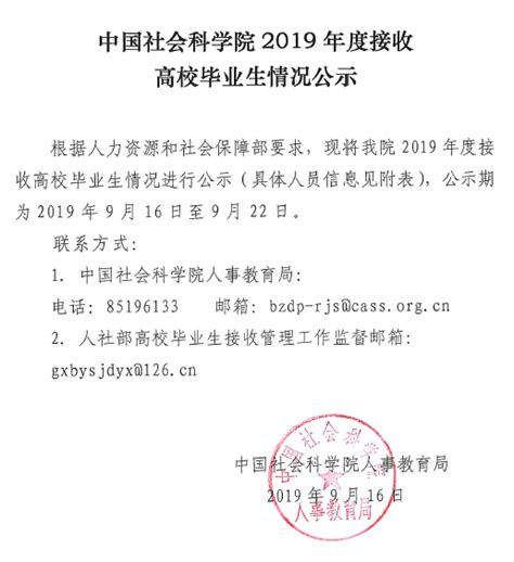 中国社会科学院2019年度接收高校毕业生情况公示（2019.09）-中国社会科学院人事教育局