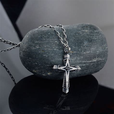 Unique Silver Cross Necklace Men, Black Zircon Oxidized Cross Pendant ...