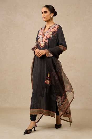 Buy Black Georgette, Chanderi, Silk Embroidery V-neck Paisley Kurta ...