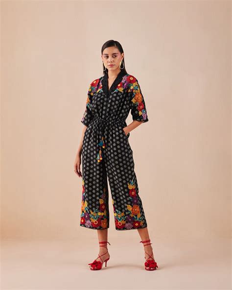 Buy - Gardenia black printed embroidered jumpsuit | Elan Store
