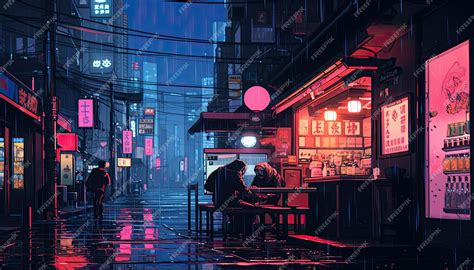 Digital art, wide angle, ambient haze street performer, neon signs, evening crowd, moody vibes 的图像结果