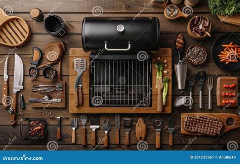 Well-equipped BBQ Grill with Assorted Grilling Tools, Vegetables, and ...