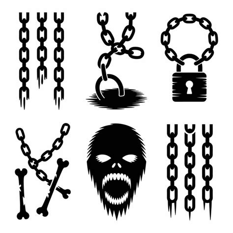 Chains bones and creature icons spooky black and white symbols ...