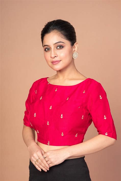 Dark Pink Raw Silk Boat Neck Blouse | Anvi Couture